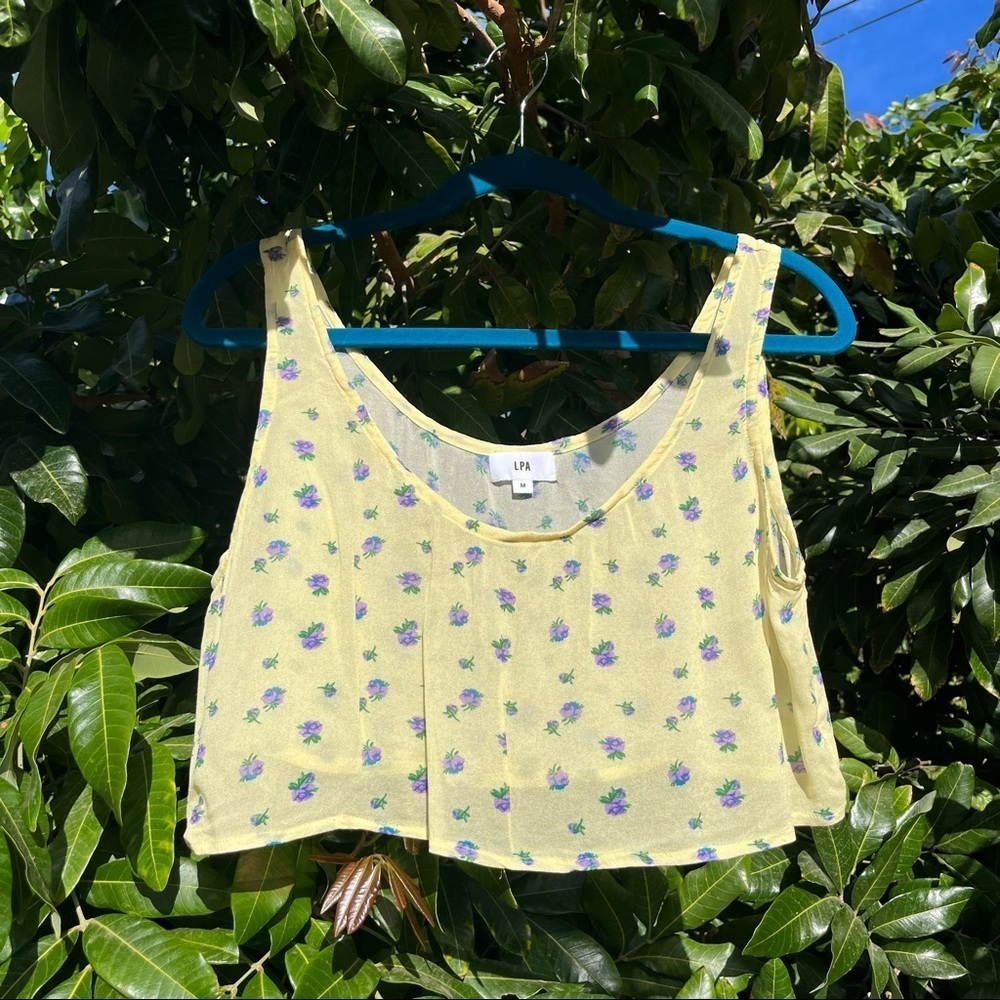 LPA yellow floral sheer boxy cropped tank‎ top